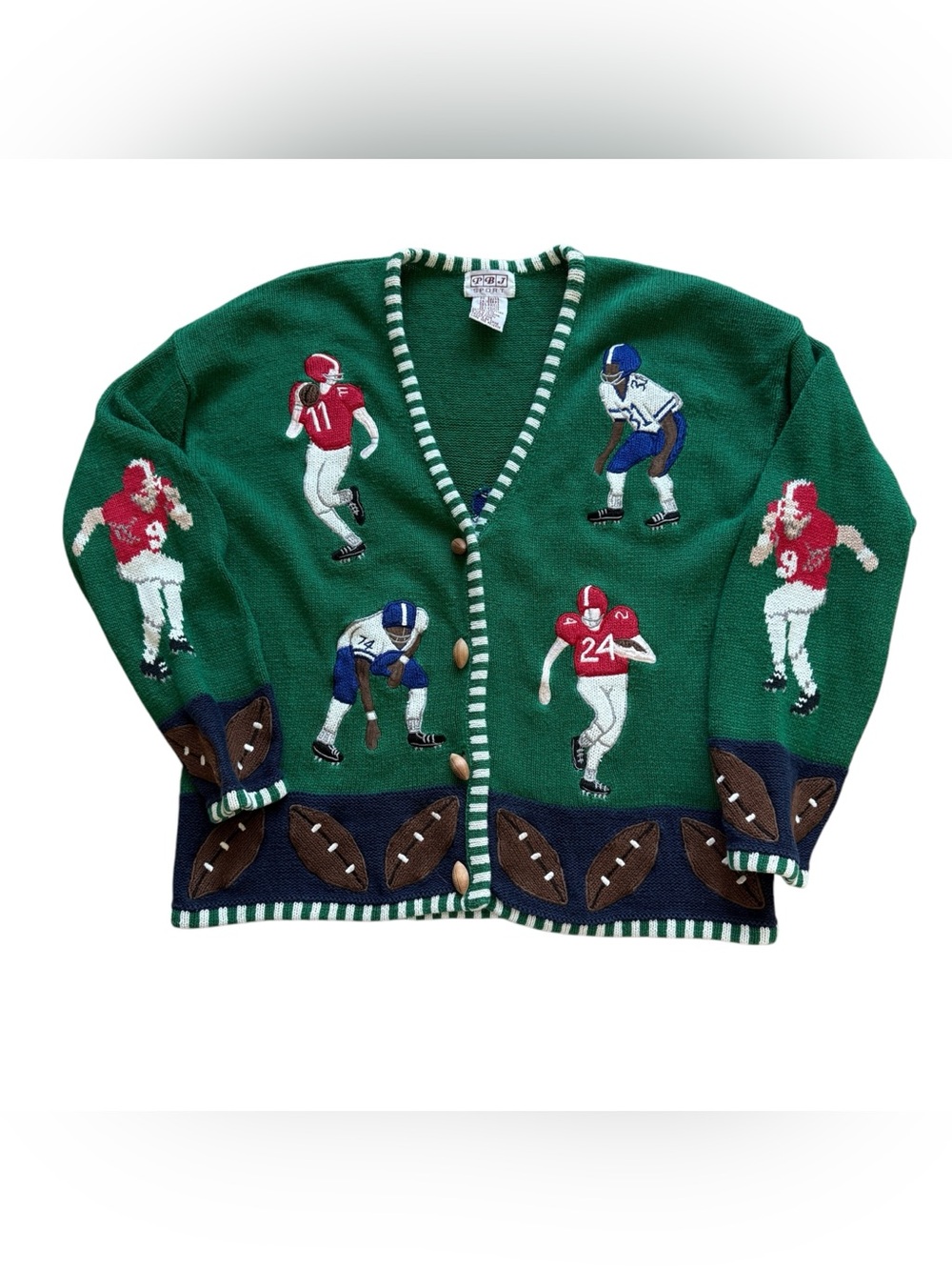 Vintage PBJ Sport L Football Players Novelty Cardigan 90s Green Game Day Sweater